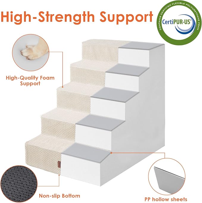 EHEYCIGA Dog Stairs for High Bed 25" H, 5-Step Extra Wide Dog Steps for Bed, Pet Steps for Small Dogs and Cats, Non-Slip Balanced Pet Ramp Indoor, Beige