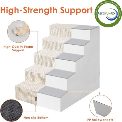 EHEYCIGA Dog Stairs for High Bed 25" H, 5-Step Extra Wide Dog Steps for Bed, Pet Steps for Small Dogs and Cats, Non-Slip Balanced Pet Ramp Indoor, Beige