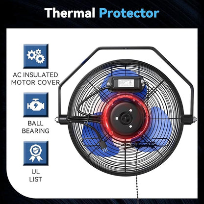 12 IN High Velocity Wall Mount Fan, 3 Speed Industrial Wall Fan with Sealed Motor, 2500 CFM Adjustable Air Circulator for Garage, Commercial, Greenhouse, Warehouse & Gazebo Use, UL Listed