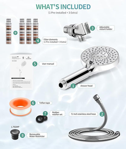 Filtered Shower Head with Handheld, High Pressure 9 Spray Mode Chrome Showerhead with 4 Filters, Detachable Shower Head, Water Softener Filters Beads for Hard Water - Remove Chlorine