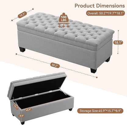 51" Fabric Storage Ottoman Bench, Upholstered Rectangle End of Bed Storage Ottoman Tufted Living Room Bedroom Bench with Safety Hinge, Solid Wood Legs, Loads 500 lb(Light Grey)