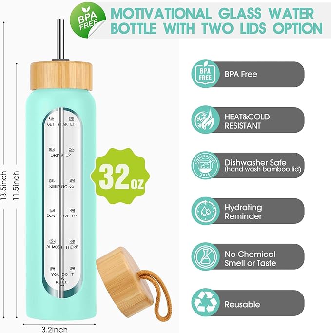 32 oz Glass Water Bottle with Straw - Motivational Time Marker & Silicone Sleeve - Reusable Tumbler Includes 2 Bamboo Lids & Fruit Infuser - 1 Pack