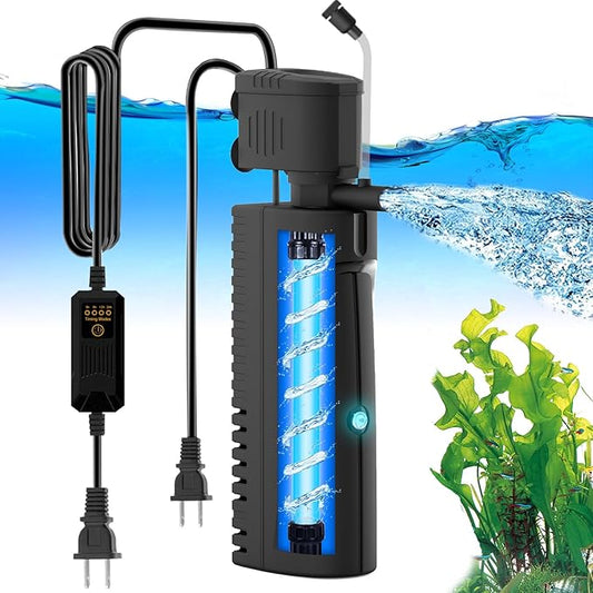 AquaMiracle Aquarium Filter with U - V Light & Pre-Filter Sponge, Fish Tank Filter with Timer for Green Water, Green Clean Machine Turtle Filter with Aeration for Aquarium and Pond 70-100 Gallon