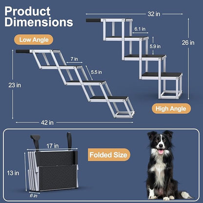 Dog Stairs for Car, Foldable Dog Ramp for Car with Non-Slip Surface, Portable Stairs Aluminum SUV, High Beds, Truck, Supports up to 150 lbs, 4 Steps