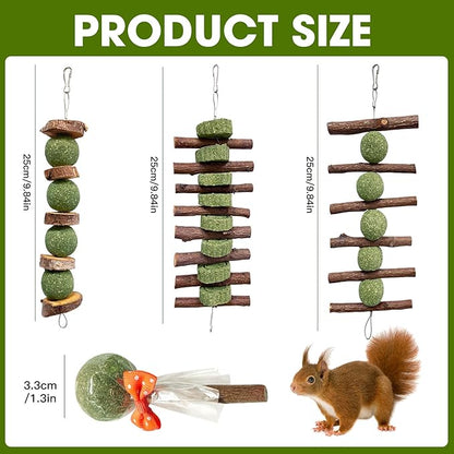 3 Pcs Bunny Chew Toys with 3 Pcs Rabbit Chew Lollipop for Teeth Grinding, Improve Dental Health, Treats for Rabbits Guinea Pigs Chinchillas Bunnies Hamsters