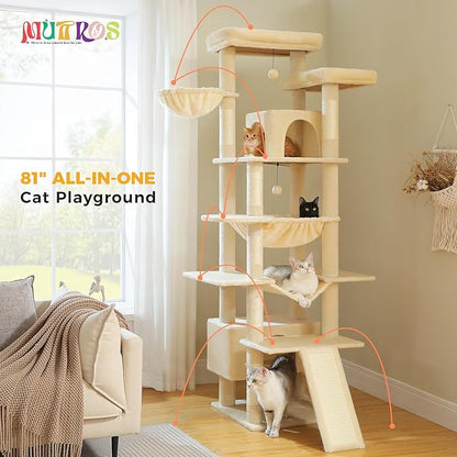 81" Heavy Duty Cat Tree for Large Cats up to 20lbs - Extra Tall Cat Tower with Metal Frame Hammock, 6 Sisal Scratching Posts, 2 Perches - Indoor Cat Furniture for Maine Coon, Big Cats, Beige