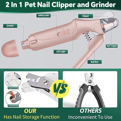 Dog Nail Clippers & Cat Nail Clipper with Catcher, 2 in 1 Dog Nail Trimmers & Grinder with Light for Large Small Dogs Cats,Silent Groom Pro Claw Trimmer, Rechargeable Dogs Nails Grinder Quiet