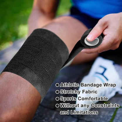 24 Pack Self Adhesive Bandage Wrap, 2” x 5 Yards Elastic Cohesive Bandage Wrap Black Athletic Tape Grip Tape for Ankle, Wrist Sprains, Sports Injuries & Pet First Aid | Medical Sports Tape