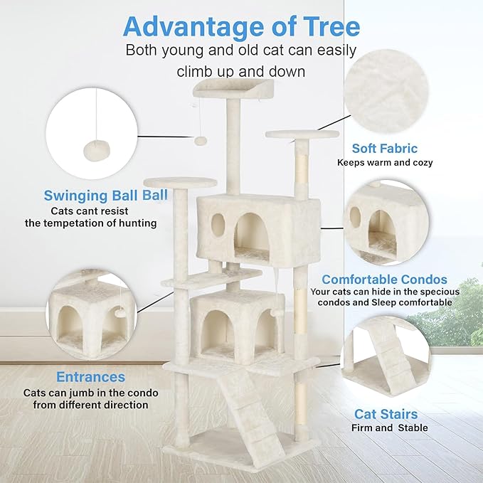 FDW Cat Tree Tower 62in Multi-Level Durable Cat Scratching Post & Cozy Fun Jumping Platform Space Saving Condo Pet Play House for Indoor Cats, Beige