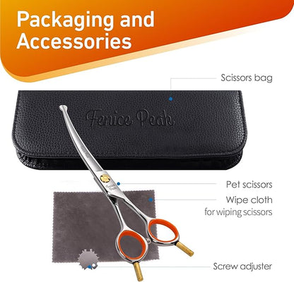 Fenice Peak 5'' Small Curved Scissors Lightweight Dog Cat Grooming Scissors with Safety Round Tip JP440C Stainless Steel Sharp Blades for Body Facial Nose Ear and Paw Hair Easy Use