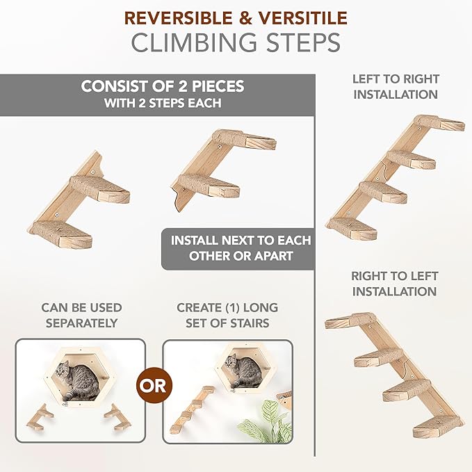 3-Piece Cat Wall Furniture Set - Hammock, Hexagon House, Climbing Steps - Wall Mounted Shelves, Perches, and Beds - Modern Design for Large Cats and Kittens & Spare Hammock Fabric Included