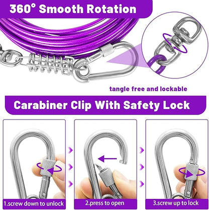 Dog Tie Out Cable - 10/15/20/25/30FT Heavy Duty for Large Dogs Up to 250LBS - Rosy Pink/Blue/Purple/Silver/Red/Green/Yellow