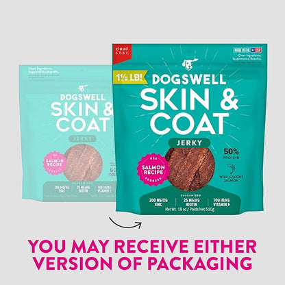 DOGSWELL Jerky Treats for Dogs, Skin and Coat Salmon Recipe 18 oz., 29235