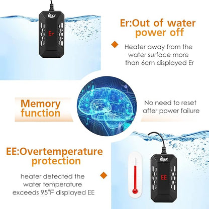 AQQA Aquarium Submersible Heater for Fish Tank,LED Temperature Display and Built-in Thermometer,External Controller Temperature Control Range 59℉-93℉,Safety Control Protects 100W