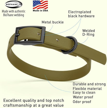 Dogline Biothane Waterproof Dog Collar Strong Coated Nylon Webbing with Black Hardware Odor- Proof for Easy Care Easy to Clean High Performance Fits Small Medium or Large Dogs, Olive Drab Green