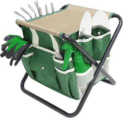 Garden Tool Set, 10 Piece Kit with Heavy Duty Folding Stool, Detachable Storage Tote Bag, Stainless Steel Tools, Gifts for Women Men Green