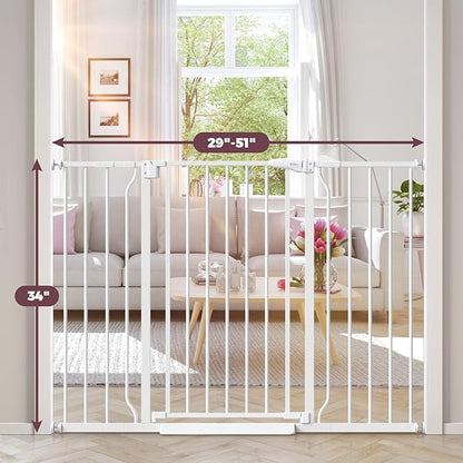 34" Extra Tall Baby Gate for Stairs, Auto Close Stroller Friendly Dog Gate Indoor for Doorways, Pressure Mounted 29"-51" W Baby Gate, Easy Walk Through Gate for Children & Pets, White