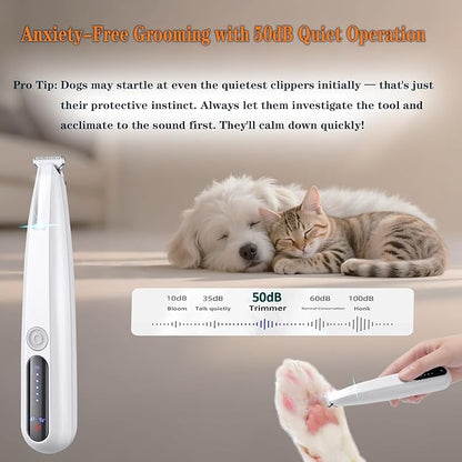 2 Mode Paw Trimmer for Dogs & Cats - Electric Quiet Dog & Cat Grooming Trimmer, Rechargeable Clipper with LED Light, 2 Blades, Waterproof for Paws/Ears/Face