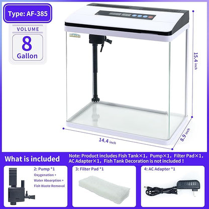 8 Gallon Fish Tank Starter Kit: Glass Aquarium w/Eco-Cycle Filter, 7-Color LED & Air Pump for Betta. Features 360° Crystal View, Temp/Time Display & Quiet Operation All-in-One Aquarium Kit