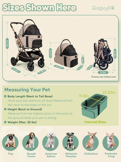 Dog Stroller, Cat Strollers, 5-in-1 Pet Stroller with Detachable Waterproof Carrier for Small/Medium Dogs Cats up to 55lbs, All-in-One Fold Without Detaching Carrier for Dogs Cats 10 lbs to 55 lbs