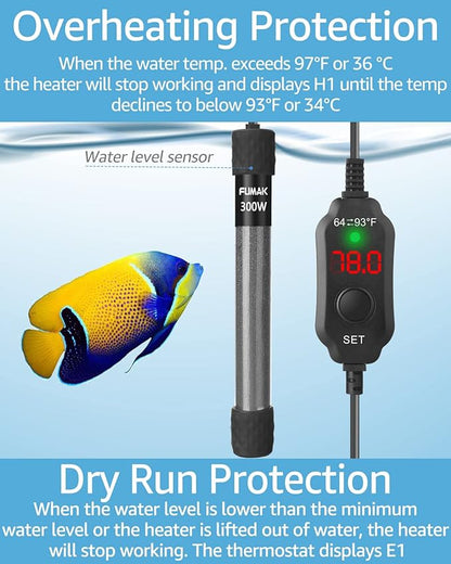 300W Adjustable Aquarium Heater Super Short Submersible Fish Tank Heater Fish Heater with LED Digital Display Thermostat, for Tanks 40-60 Gallons
