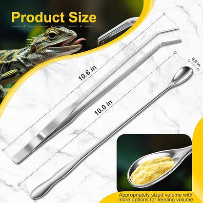 2pcs Reptile Feeding Tongs, Feeding Spoon, Stainless Steel Aquarium Feeding Tools, Curved Long Tweezers 10.6 in, Long Spoon 10 in (Coffee Spoon) for Feeding Lizards, Bearded Dragons and More.