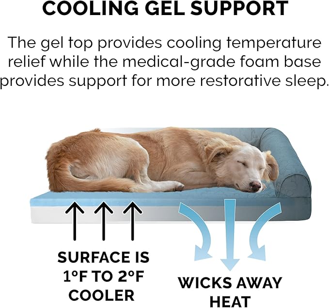 Furhaven Cooling Gel Dog Bed for Medium/Small Dogs w/ Removable Bolsters & Washable Cover, For Dogs Up to 35 lbs - Pinsonic Quilted Paw L Shaped Chaise - Bluestone, Medium