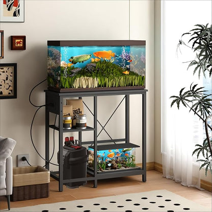 20-29 Gallon Fish Tank Stand with Power Outlet & LED Light, Metal Aquarium Stand with 3 Tier Adjustable Storage Shelves, Tank Stand for Reptile Tank, Turtle Tank, 30.7" L*13.8" W, Black