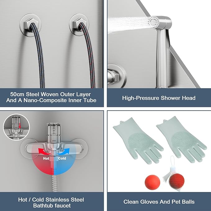 50" Pet Dog Bathing Station, Stainless Steel Dog Bathtub W/Ramp, Floor Grate, Dog Bath Brush, Washing Gloves for Home, Professional Dog Washing Station for Pets (50 Inch Right Door)