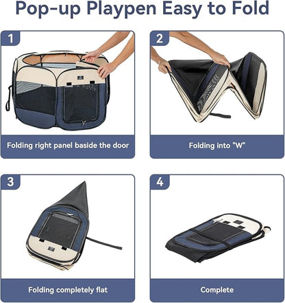 A 4 Pet Portable Dog Playpen, 49” Playpen for Dogs with Bowl, Suitable for Puppies, Kittens, and Small Animals, Removable Zipper & Mesh Panel(19”W × 12”H)