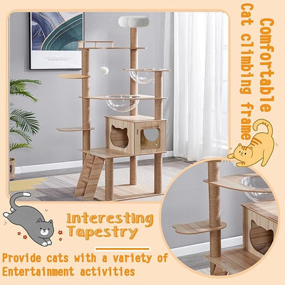 67-Inch Cat Tree for Indoor Cats Large Adult,Cat Tree Tower with Condo, Cat Stairs, 2 Bowl,14 Sisal Scratching Posts, Top Perch, with Padded Platform Bed,Toy Balls,Larg Large cat Tree.B12