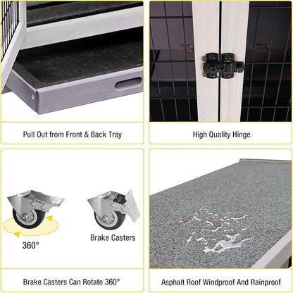 Aivituvin Rabbit Hutch Indoor, Folding Bunny Cage with Two Story, Rabbit Cage with Wheels, Anti Slip Ramp