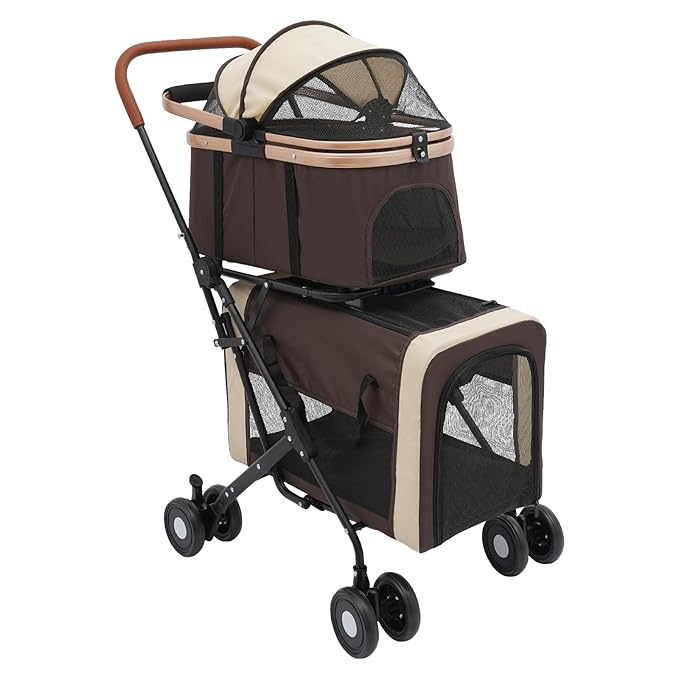 2-Layers Pet Stroller for 2 Cats/Dogs,Foldable Lightweight 77lbs Capacity Carrier, 4 Wheels, Removable Basket & Storage Pocket,for Small Pets (Coffee)