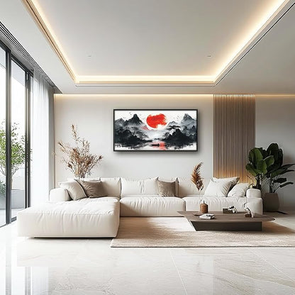 Framed Large Japanese Mountain Wall Art for Living Room, Oversized Asian Red Sun Lake Landscape Wall Decor Nature Canvas Painting Home Decoration for Living Room Bedroom Office 60"x30"