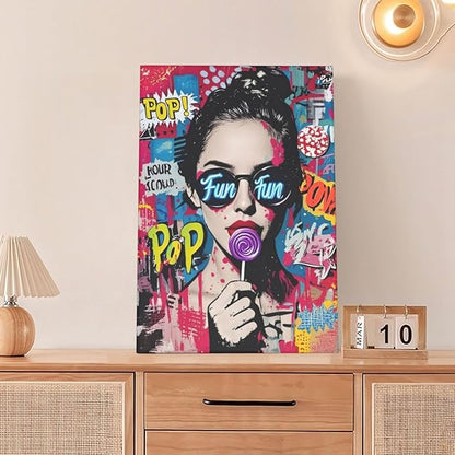 Fashion Women Wall Art Glam Modern Artwork for Girls Banksy Street Graffiti Pop Art Canvas Pictures Painting Print Framed Decorations Gifts for Bedroom Living Room Office 16"x24"