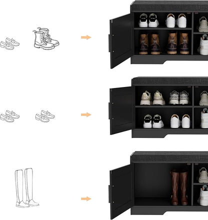 2-Tier Storage Bench, Shoe Bench with Thickened Padded Seat Cushion, Entryway Bench with 2 Doors, Adjustable Shelf, 13.8" D x 37.4" W x 18.5" H, for Entryway, Living Room, Bedroom, Black