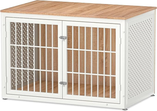 48" Heavy Duty Dog Crate Furniture for Large Dogs, Metal Kennel for High Anxiety Dogs, White Wooden Cage Furniture Indoor, Decorative Dog Kennel End Table, XL