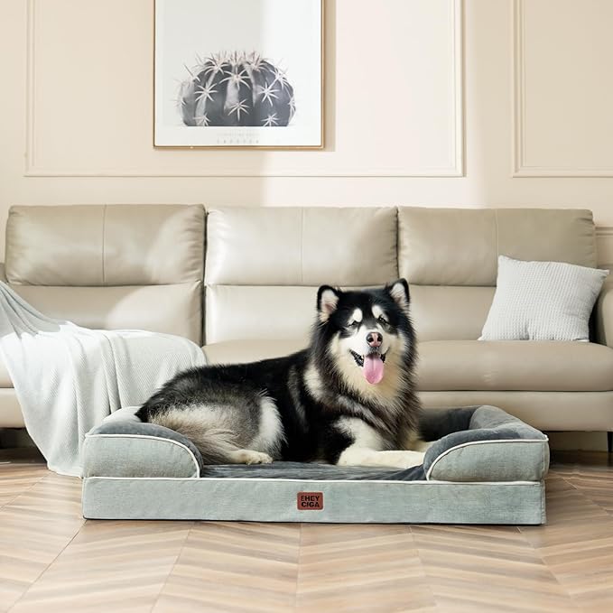 EHEYCIGA Orthopedic Dog Beds for Extra Large Dogs, Waterproof Memory Foam XXL Dog Bed with Sides, Non-Slip Bottom and Egg-Crate Foam Big Pet Couch Bed with Washable Removable Cover, Greyish Green