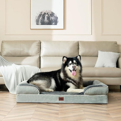 EHEYCIGA Orthopedic XL Dog Beds, Waterproof Memory Foam Dog Bed for Extra Large Dogs, Non-Slip Bottom and Egg-Crate Foam Big Pet Couch Bed with Washable Removable Cover, Greyish Green