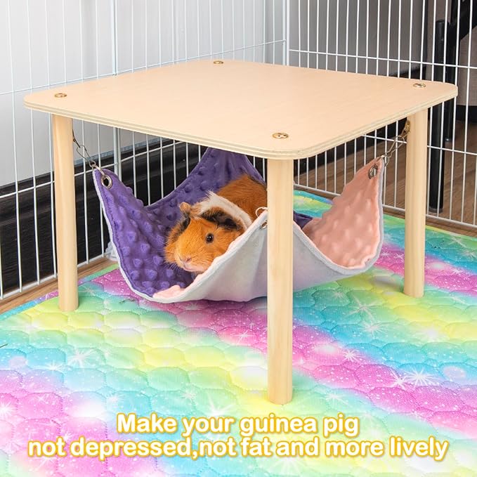 Enlarged Guinea Pig Hammock with Wooden Stand,Small Animal Hanging Bed Large Platform for Guinea Pigs Bunny Ferret Hamster Hiding Sleeping 13L x 13W x 11H in