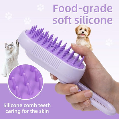 4-in-1 Rechargeable Anti-Dandruff Pet Steam Brush — brush for sheddingCats & Dogs,pet hair removal tool. Integrating functions of massage,clean, hair grooming and anti-static (purple)