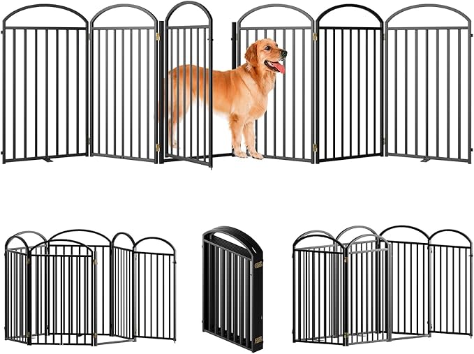 6 Panles Full Matel Freestanding Dog Gates with Door, 144"Extra Wide 36"Tall Free Standing Dog Pet Gate for Indoor & Outdoor. Foldable Pet Fences for Doorways, House, Stairs, Porch, Deck, Yard