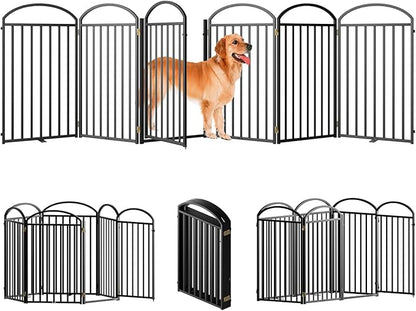 6 Panles Full Matel Freestanding Dog Gates with Door, 144"Extra Wide 36"Tall Free Standing Dog Pet Gate for Indoor & Outdoor. Foldable Pet Fences for Doorways, House, Stairs, Porch, Deck, Yard