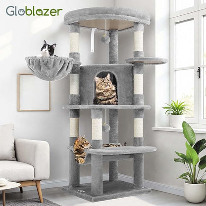 Globlazer Corner Cat Tree Tower for Indoor Cats, 51in Multi-Level Cat Condo Tower with Large Hammock, 7 Sisal Scratching Posts, Oversized Top Perch, Spacious Cat Cave, Hanging Basket, C51, Light Gray
