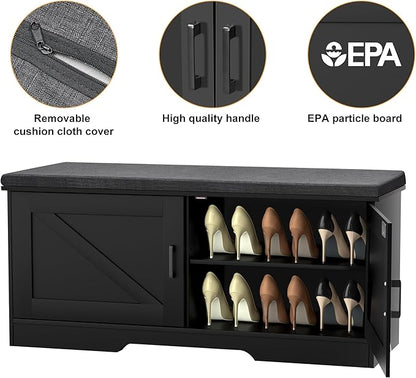 2-Tier Storage Bench, Shoe Bench with Padded Seat Cushion, Entryway Bench with 2 Barn Doors, Adjustable Shelf, 13.8" D x 39.4" W x 17.7" H, for Entryway, Living Room, Bedroom, Black