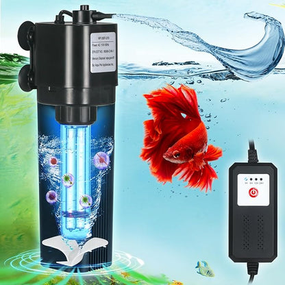 Aquarium U-V Filter for 40-75 Gal, 211 GPH Swirl Turbo Design Submersible Internal Turtle Fish Tank Filter w/Timer, Quiet Power Pump Air Supply Green Clean Machine Saltwater Freshwater Green Killing