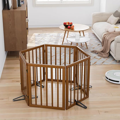 Freestanding Pet Gate Foldable Dog Gate (110 inches Wide) Walnut Bamboo Dog Gates for Stair Doorways House Puppy Fences Indoor (4 Support Feet Included)