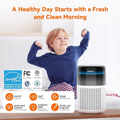 AIRROMI Air Purifier for Bedroom Home,HEPA Filter,Covers Upto 549 Ft²,Quiet 360°intake Air Cleaner with Fragrance ponge for Better Sleep,Night Light,Filters Smoke,Pet Dander,Allergies,Dust,A2005 White