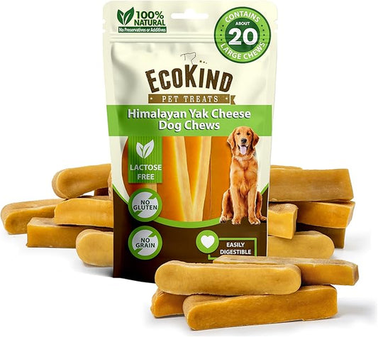 Ecokind Himalayan Chews, Healthy Treats, Odorless, Rawhide Free, Long Lasting Dog Bones for Aggressive Chewers, Indoors & Outdoor Use, Made in The Himalayas, Large (Pack of 20)