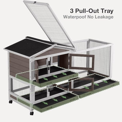 2-Story Indoor Rabbit Hutch with Chew-Proof Outdoor Rabbit Cage with 6 Locking Casters Bunny Cage 2 Pull-Out Trays Guinea Pigs Cage 62" Brown